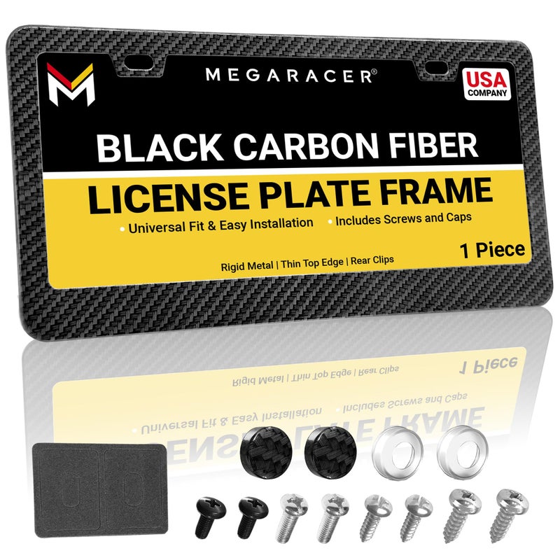 Mega Racer Premium Carbon Fiber Design License Plate Frame â€“ 1 Piece, Rust-Free Stainless Steel, Rattle-Free, Universal with Screw Caps, Slim-Top, Thin Rigid Metal Car Tag Holder, Front Or Rear - Cool for Men - Image 1